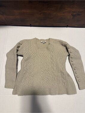 Madewell Cream Cable-Knit Crewneck Sweater with Button-Sleeve Detail
